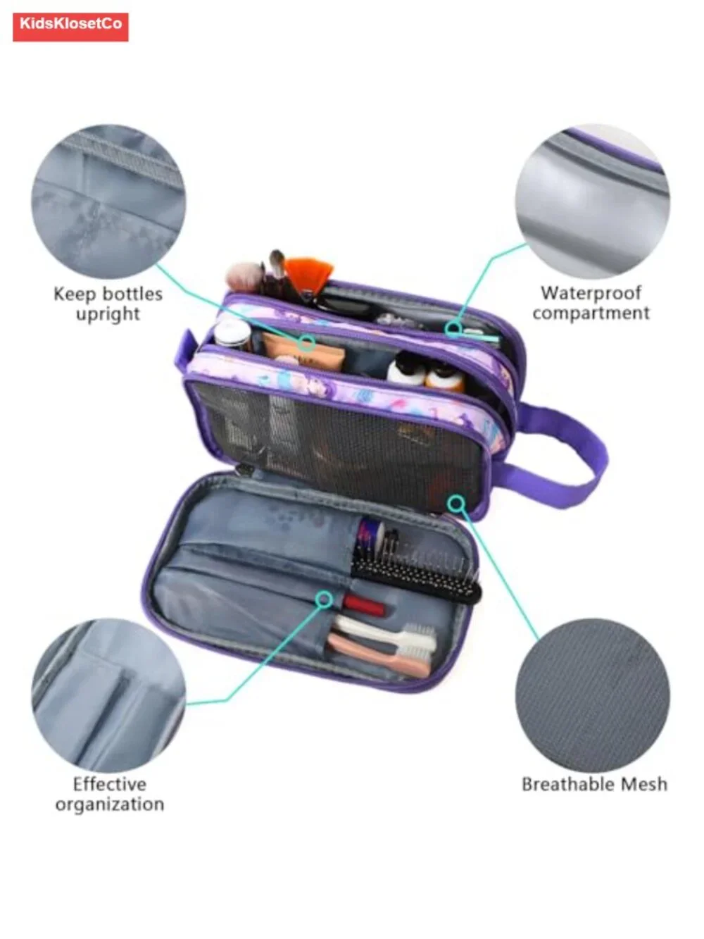 Kids Toiletry Travel Bag with Hanging Hook Waterproof Polyester Cosmetic Case